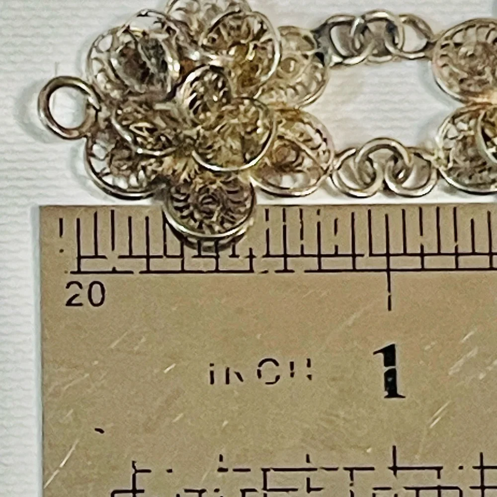 Antique? VTG? Sterling Silver Bracelet Filigree Flower Linked Sz 7 “ 18 G
